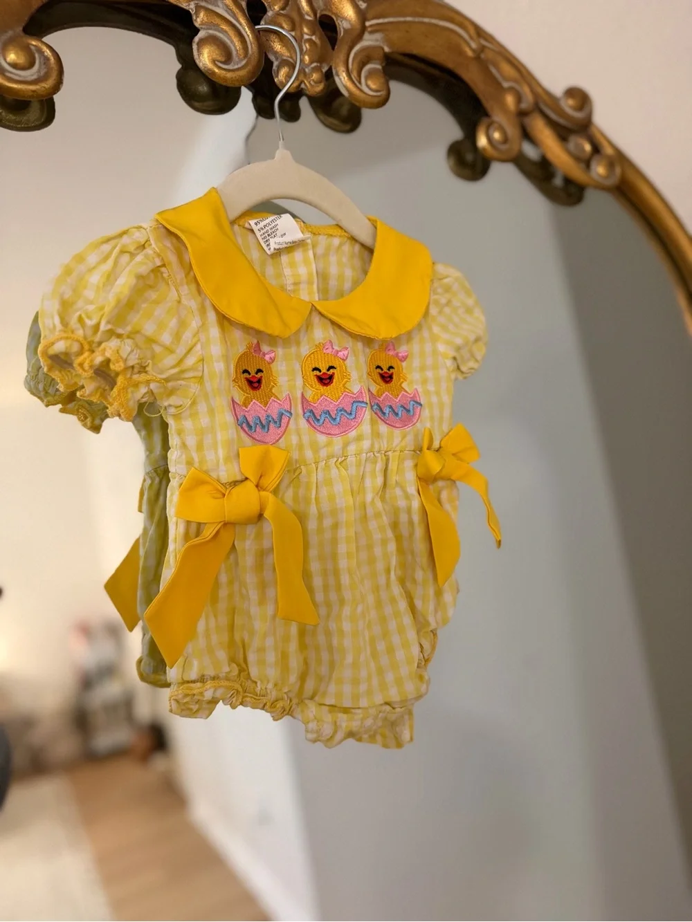 Yellow Gingham Baby Romper with Chick Embroidery